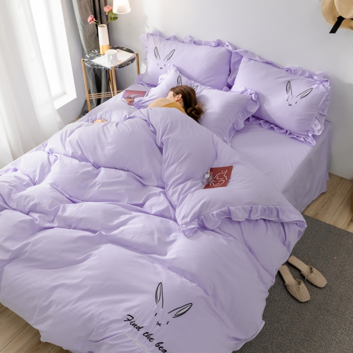 91家纺网 家纺一手货源 找家纺 ab家纺 2020新款兔耳朵绣花水洗棉四件套 裸紫