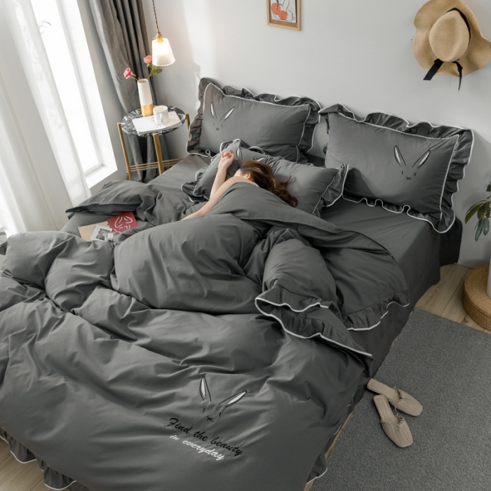 91家纺网 家纺一手货源 找家纺 ab家纺 2020新款兔耳朵绣花水洗棉四件套 深灰