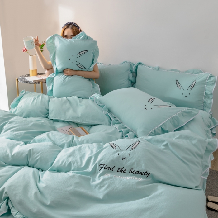 91家纺网 家纺一手货源 找家纺 ab家纺 2020新款兔耳朵绣花水洗棉四件套 水绿