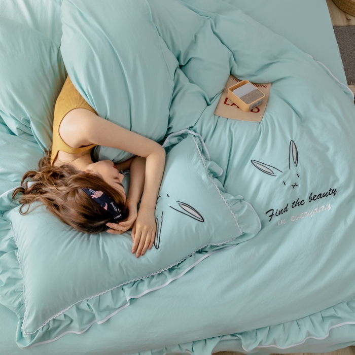 91家纺网 家纺一手货源 找家纺 ab家纺 2020新款兔耳朵绣花水洗棉四件套 水绿