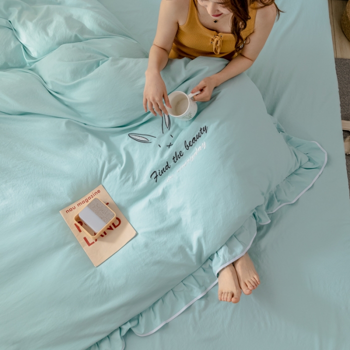 91家纺网 家纺一手货源 找家纺 ab家纺 2020新款兔耳朵绣花水洗棉四件套 水绿