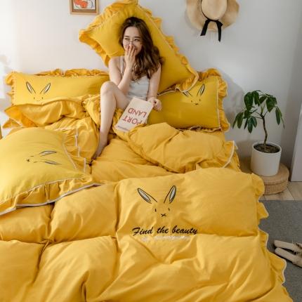 ab家纺 2020新款兔耳朵绣花水洗棉四件套 杏黄