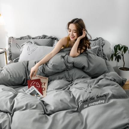 ab家纺 2020新款兔耳朵绣花水洗棉四件套 中灰