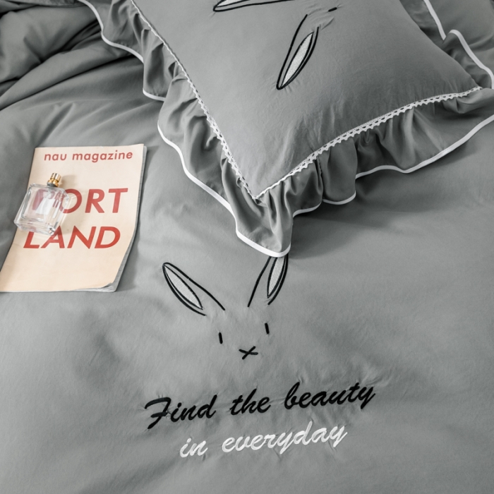 91家纺网 家纺一手货源 找家纺 ab家纺 2020新款兔耳朵绣花水洗棉四件套 中灰