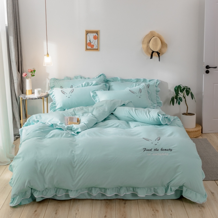 91家纺网 家纺一手货源 找家纺 ab家纺 2020新款兔耳朵绣花水洗棉四件套 水绿