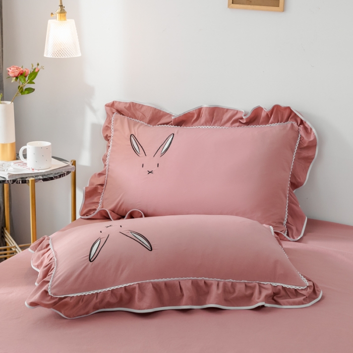 91家纺网 家纺一手货源 找家纺 ab家纺 2020新款兔耳朵绣花水洗棉四件套 裸粉