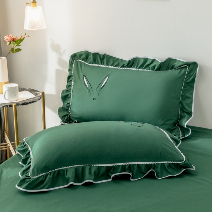 91家纺网 家纺一手货源 找家纺 ab家纺 2020新款兔耳朵绣花水洗棉四件套 葱绿