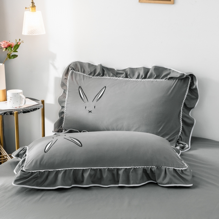 91家纺网 家纺一手货源 找家纺 ab家纺 2020新款兔耳朵绣花水洗棉四件套 中灰