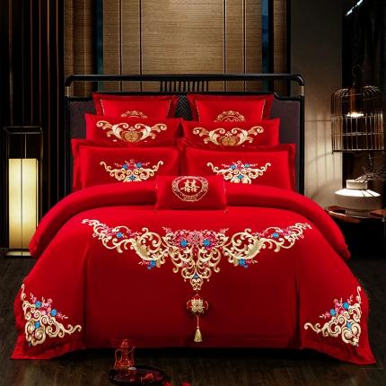 慕她 婚庆四件套大红色刺绣花结婚床上用品六八十件套 幸福花开