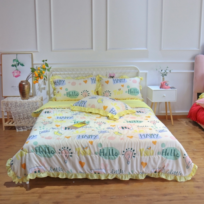 91家纺网 家纺一手货源 找家纺 润缦 2020新款超柔水洗棉夏被四件套 快乐小鸟