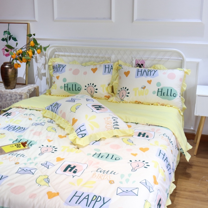91家纺网 家纺一手货源 找家纺 润缦 2020新款超柔水洗棉夏被四件套 快乐小鸟