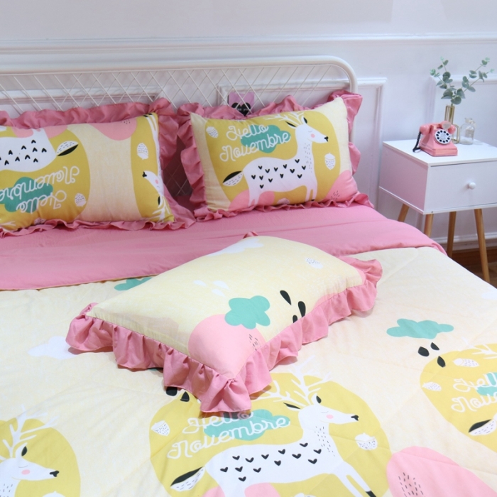 91家纺网 家纺一手货源 找家纺 润缦 2020新款超柔水洗棉夏被四件套 麋鹿