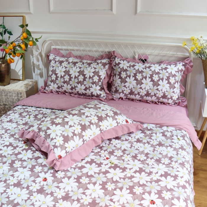 91家纺网 家纺一手货源 找家纺 润缦 2020新款超柔水洗棉夏被四件套 小雏菊豆沙