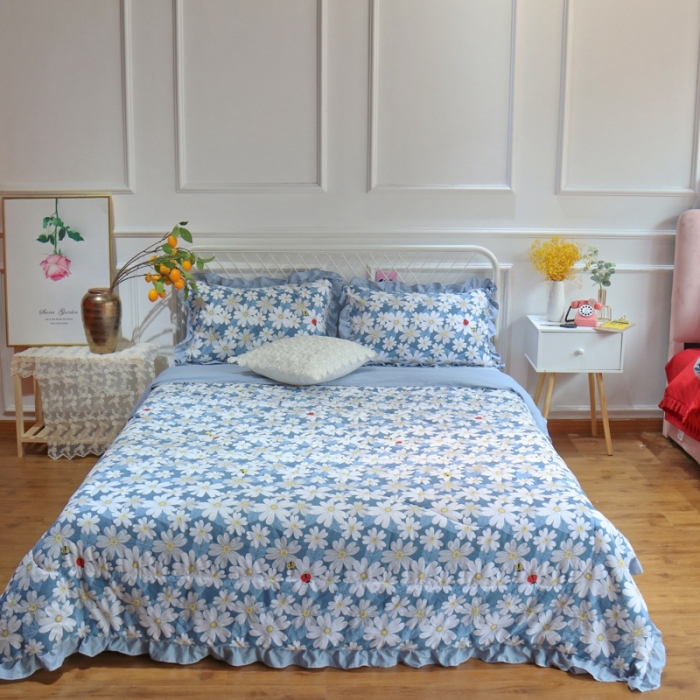 91家纺网 家纺一手货源 找家纺 润缦 2020新款超柔水洗棉夏被四件套 小雏菊蓝