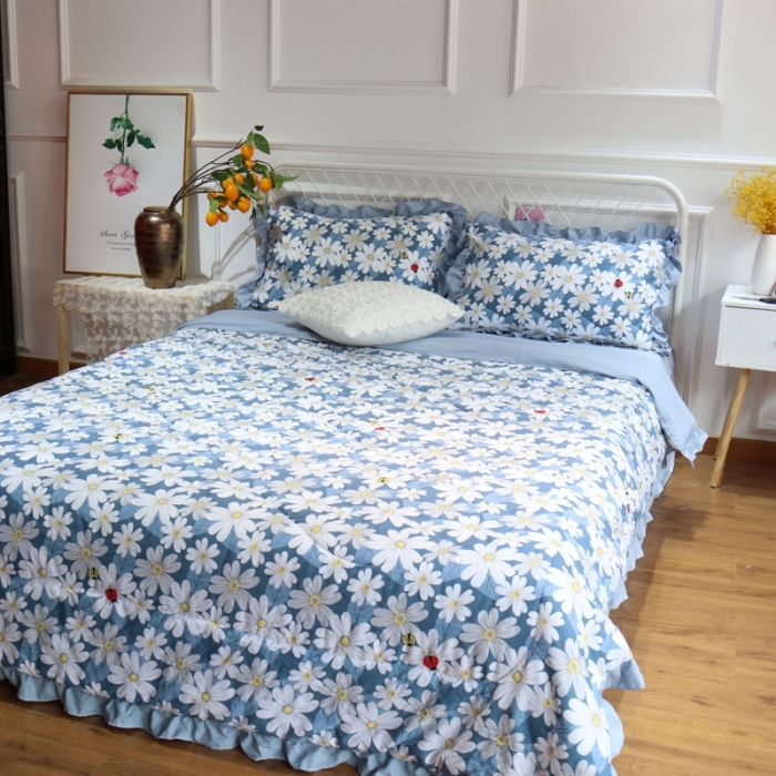 91家纺网 家纺一手货源 找家纺 润缦 2020新款超柔水洗棉夏被四件套 小雏菊蓝
