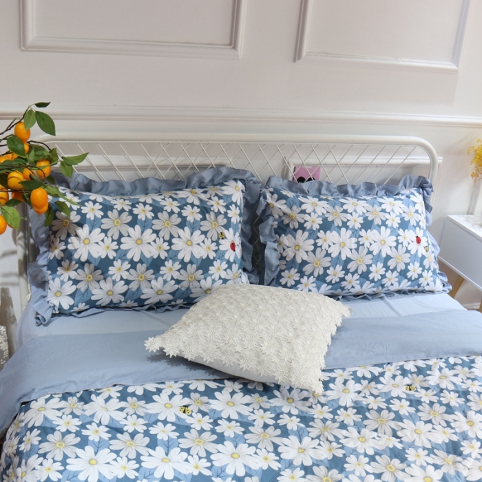 91家纺网 家纺一手货源 找家纺 润缦 2020新款超柔水洗棉夏被四件套 小雏菊蓝