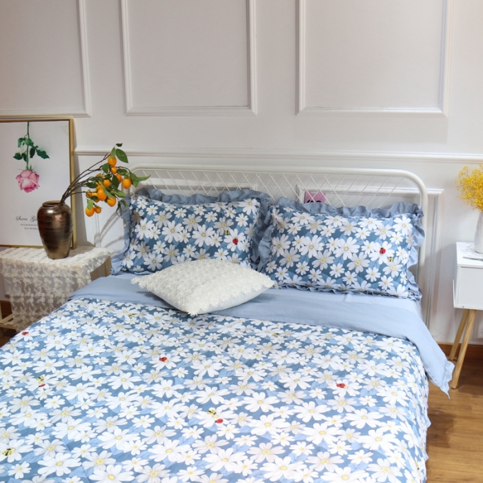 91家纺网 家纺一手货源 找家纺 润缦 2020新款超柔水洗棉夏被四件套 小雏菊蓝