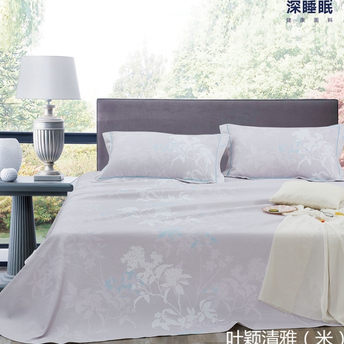 91家纺网 家纺一手货源 找家纺 威克凯丽 2021新款金太阳全棉凉席三件套 叶影清雅-米