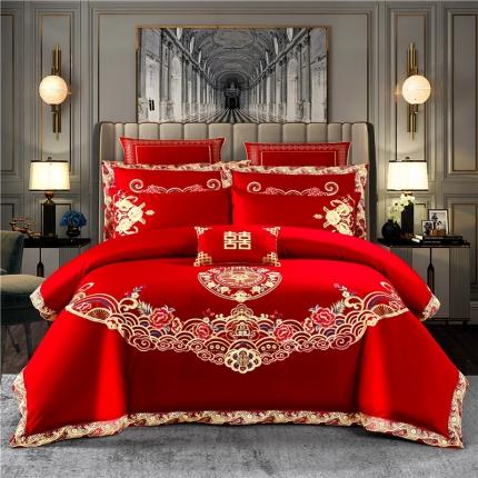 91家纺网 家纺一手货源 找家纺 千禧 2020年100支条纹长绒棉婚庆四件套多件套锦缎贴边锦