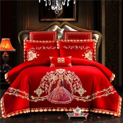 91家纺网 家纺一手货源 找家纺 千禧 2020年100支条纹长绒棉婚庆四件套多件套锦缎贴边美