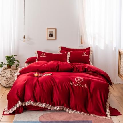 91家纺网 家纺一手货源 找家纺 米奈 2020新款水洗真丝蕾丝四件套 大红