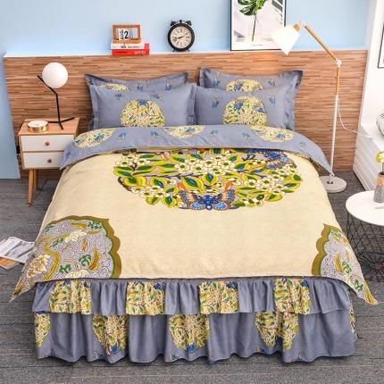 梦柏 2020新款加厚磨毛四件套大版床裙款 花间意（灰）