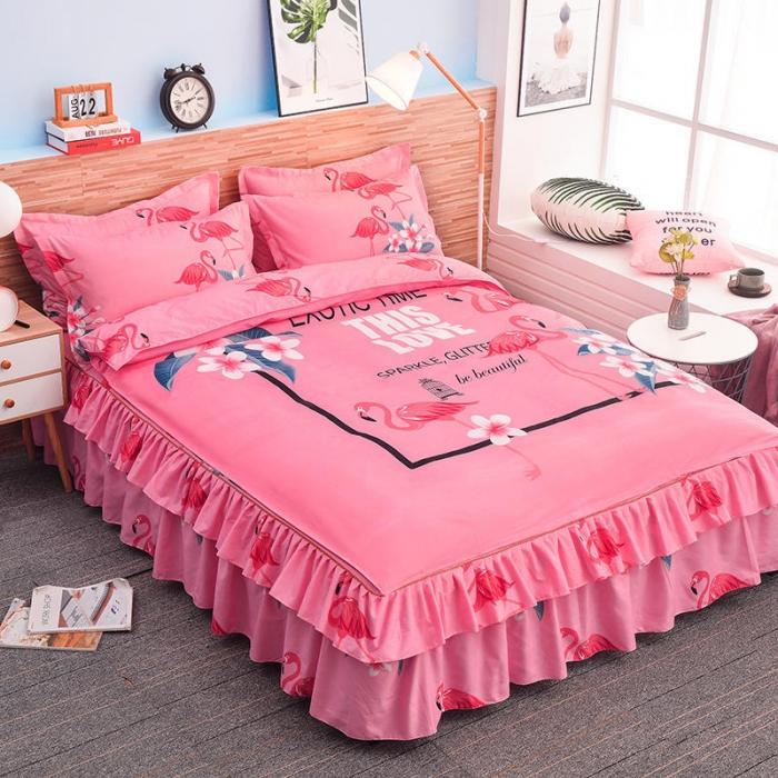 91家纺网 家纺一手货源 找家纺 梦柏 2020新款加厚磨毛四件套大版床裙款 火烈鸟