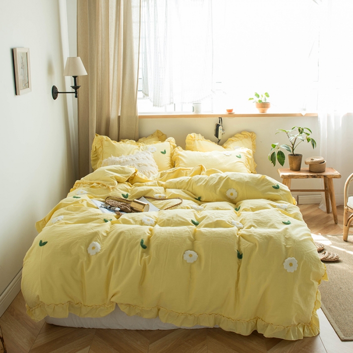 91家纺网 家纺一手货源 找家纺 淑女公社 2020新款毛巾绣四件套 小雏菊-嫩黄