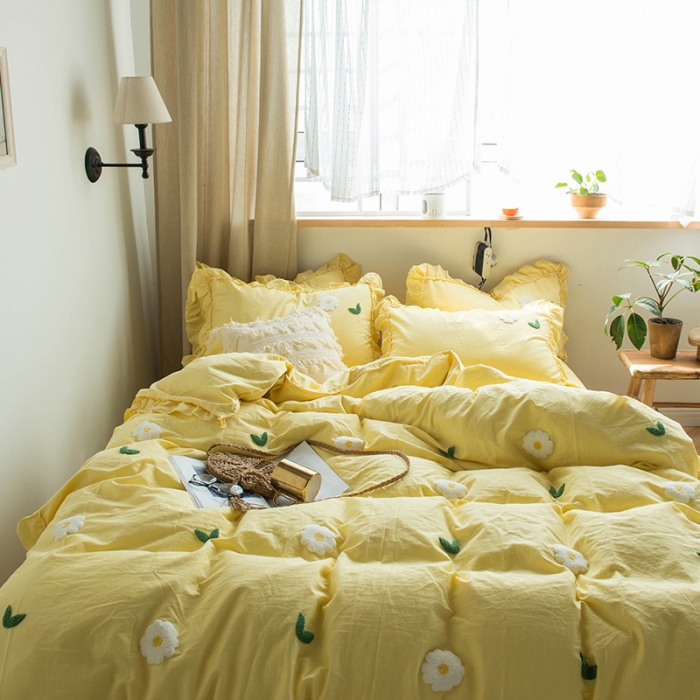 91家纺网 家纺一手货源 找家纺 淑女公社 2020新款毛巾绣四件套 小雏菊-嫩黄