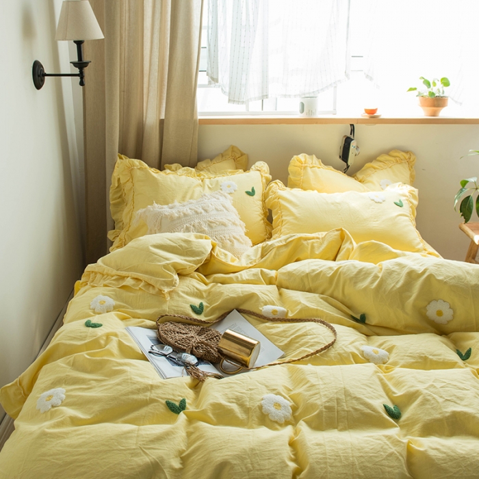 91家纺网 家纺一手货源 找家纺 淑女公社 2020新款毛巾绣四件套 小雏菊-嫩黄