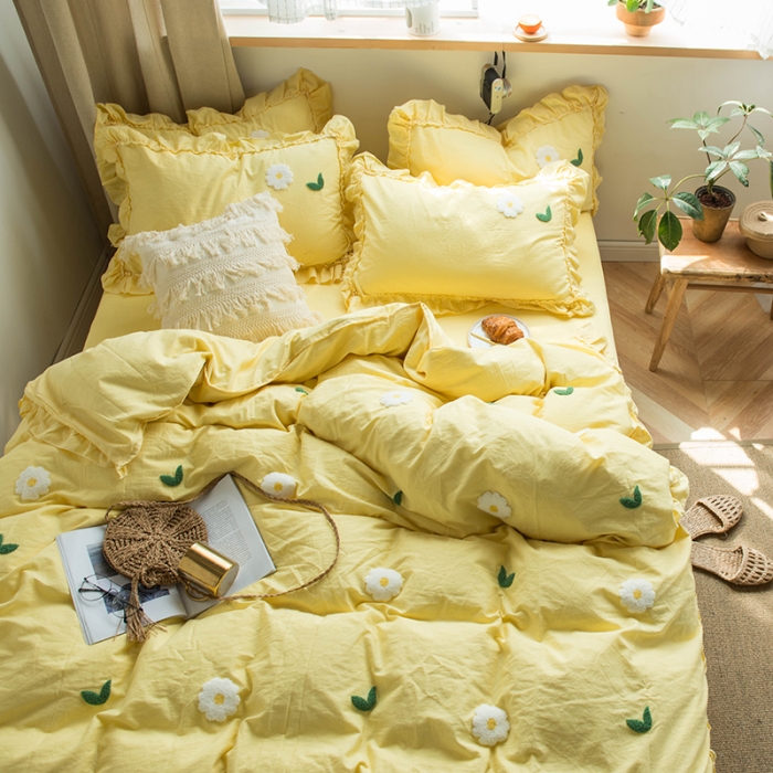 91家纺网 家纺一手货源 找家纺 淑女公社 2020新款毛巾绣四件套 小雏菊-嫩黄