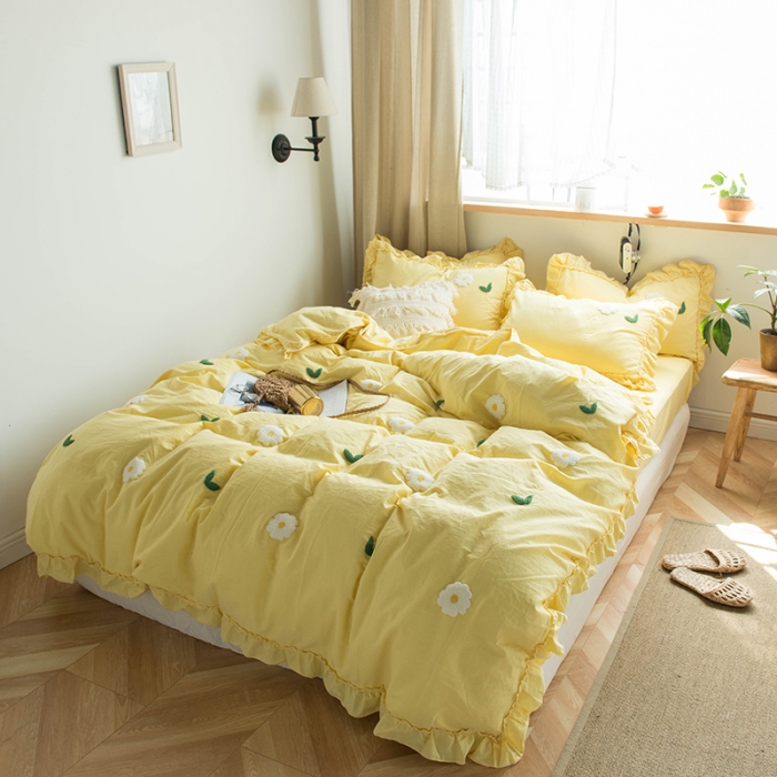 91家纺网 家纺一手货源 找家纺 淑女公社 2020新款毛巾绣四件套 小雏菊-嫩黄