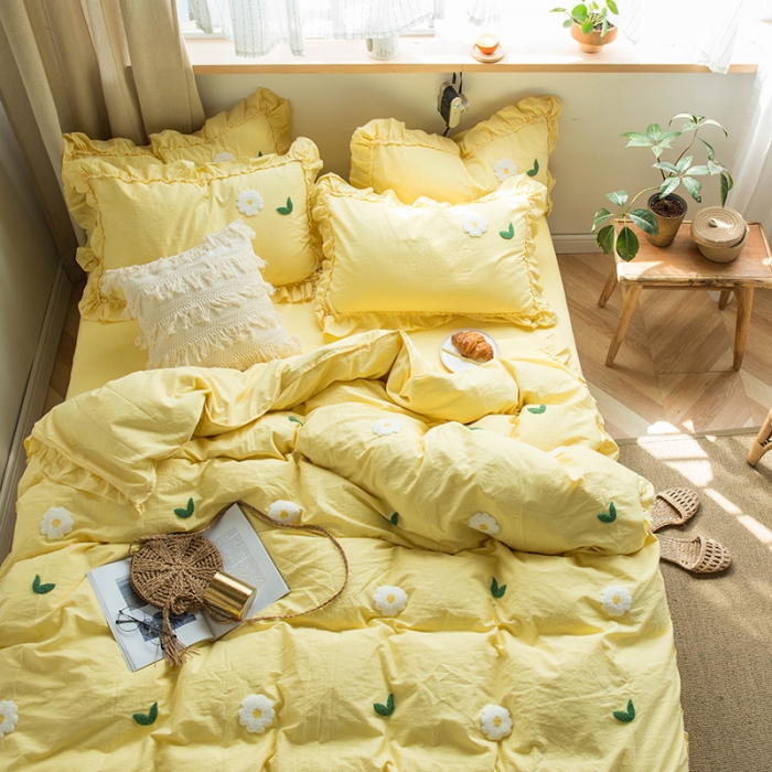 91家纺网 家纺一手货源 找家纺 淑女公社 2020新款毛巾绣四件套 小雏菊-嫩黄