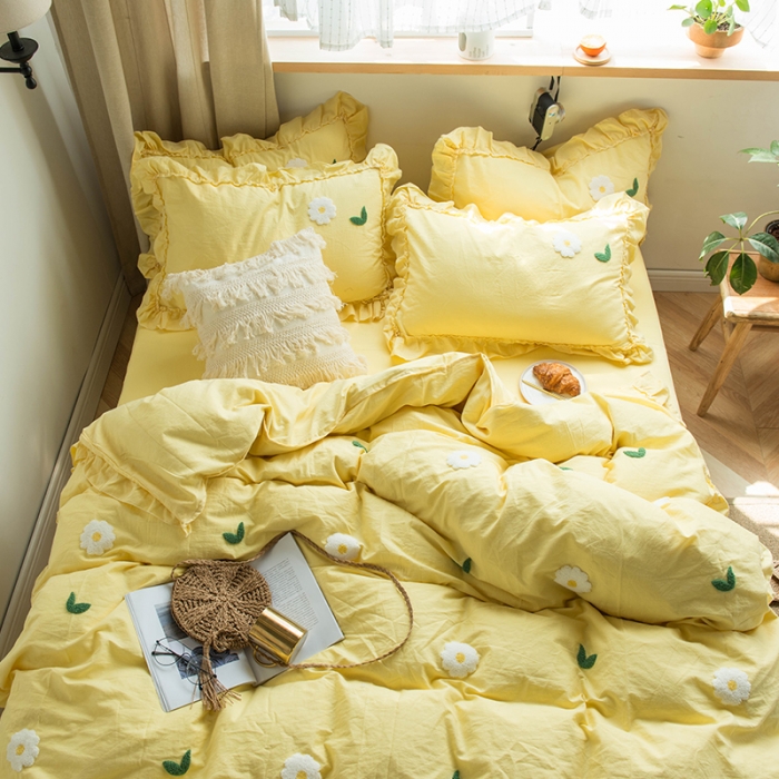 91家纺网 家纺一手货源 找家纺 淑女公社 2020新款毛巾绣四件套 小雏菊-嫩黄