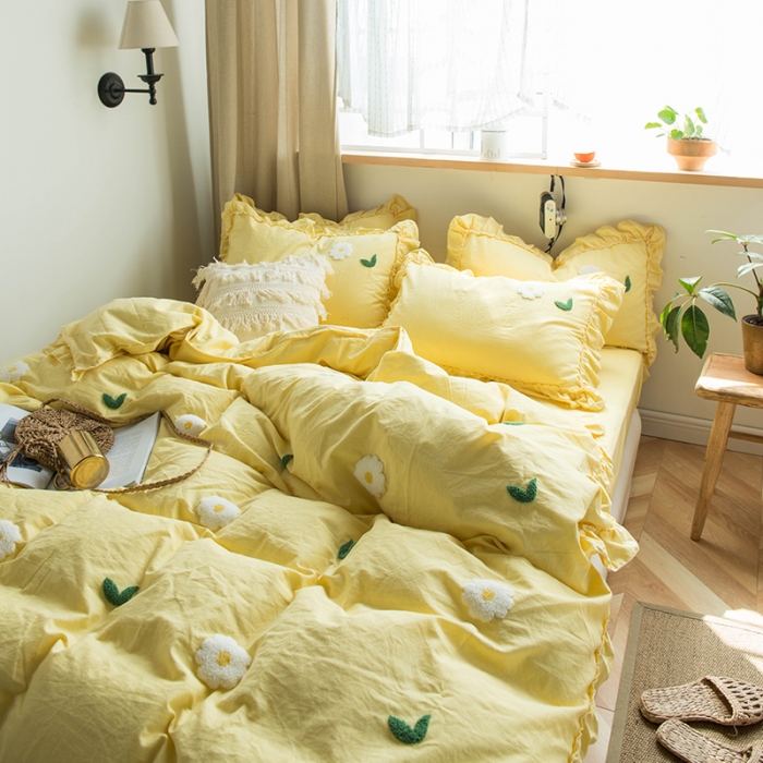 91家纺网 家纺一手货源 找家纺 淑女公社 2020新款毛巾绣四件套 小雏菊-嫩黄