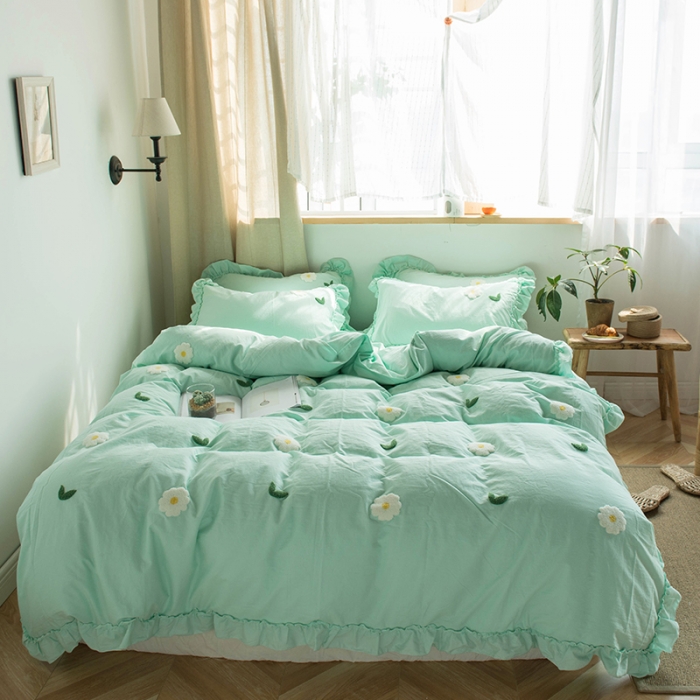 91家纺网 家纺一手货源 找家纺 淑女公社 2020新款毛巾绣四件套 小雏菊-嫩绿