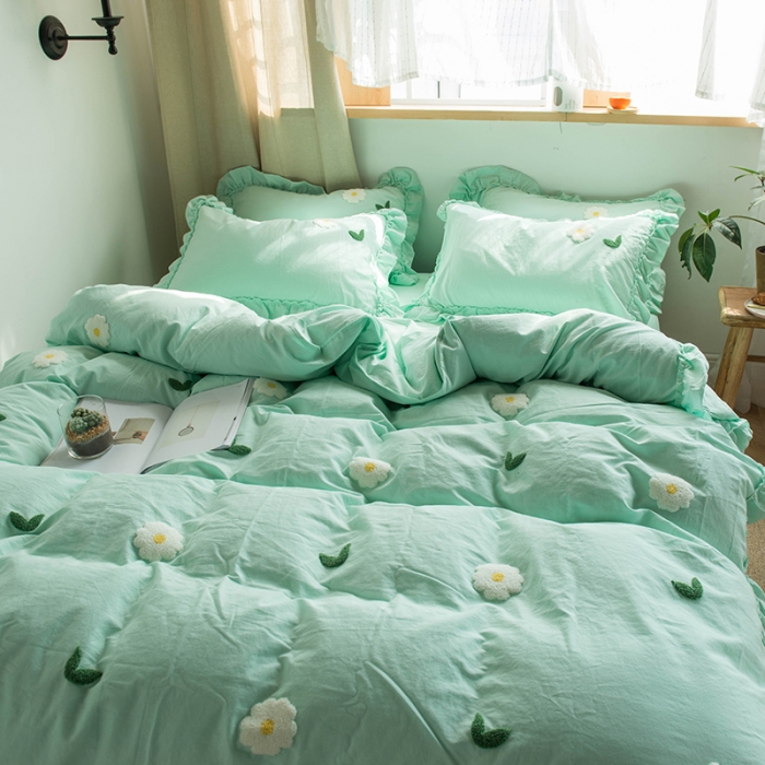 91家纺网 家纺一手货源 找家纺 淑女公社 2020新款毛巾绣四件套 小雏菊-嫩绿