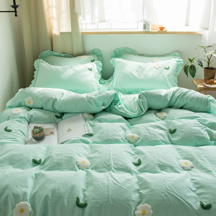 91家纺网 家纺一手货源 找家纺 淑女公社 2020新款毛巾绣四件套 小雏菊-嫩绿