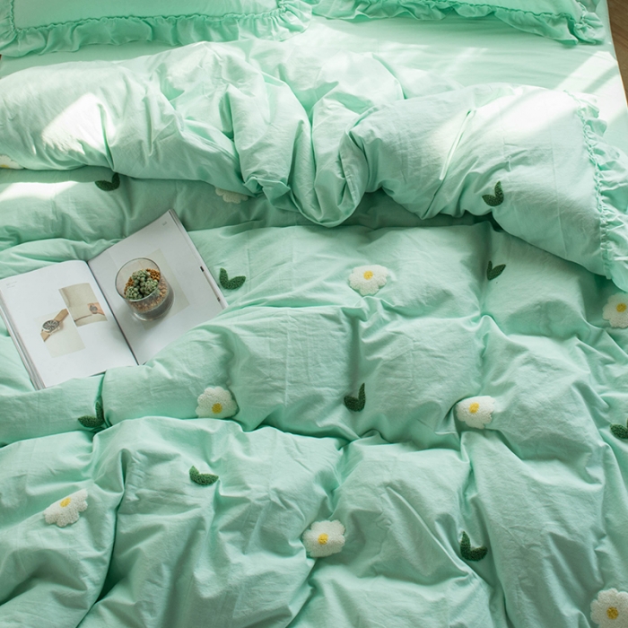 91家纺网 家纺一手货源 找家纺 淑女公社 2020新款毛巾绣四件套 小雏菊-嫩绿