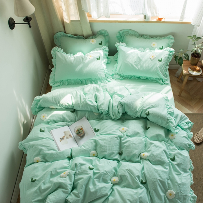 91家纺网 家纺一手货源 找家纺 淑女公社 2020新款毛巾绣四件套 小雏菊-嫩绿