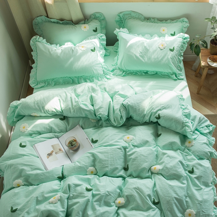 91家纺网 家纺一手货源 找家纺 淑女公社 2020新款毛巾绣四件套 小雏菊-嫩绿