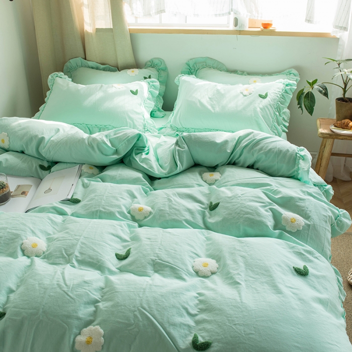 91家纺网 家纺一手货源 找家纺 淑女公社 2020新款毛巾绣四件套 小雏菊-嫩绿