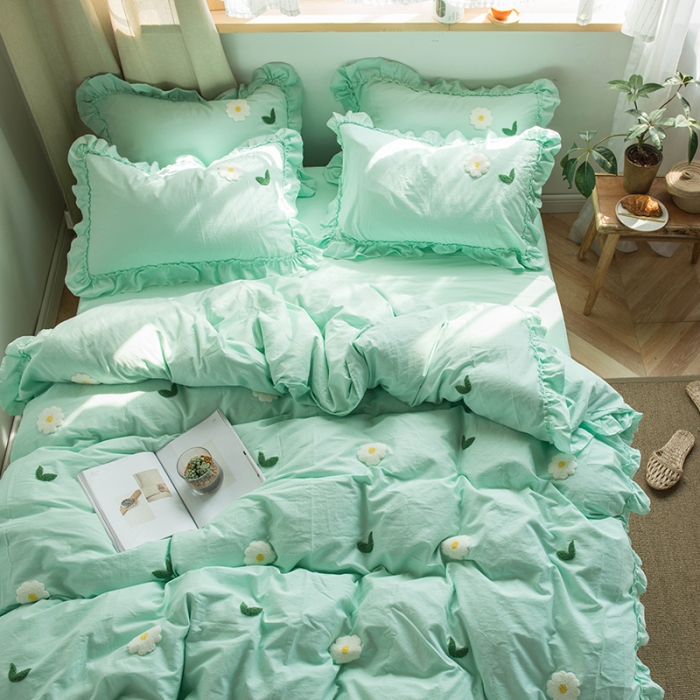 91家纺网 家纺一手货源 找家纺 淑女公社 2020新款毛巾绣四件套 小雏菊-嫩绿