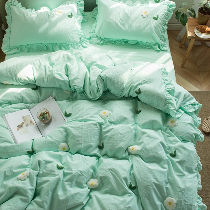 91家纺网 家纺一手货源 找家纺 淑女公社 2020新款毛巾绣四件套 小雏菊-嫩绿