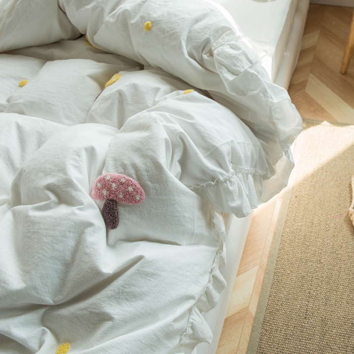 91家纺网 家纺一手货源 找家纺 淑女公社 2020新款毛巾绣四件套 小蘑菇纯白