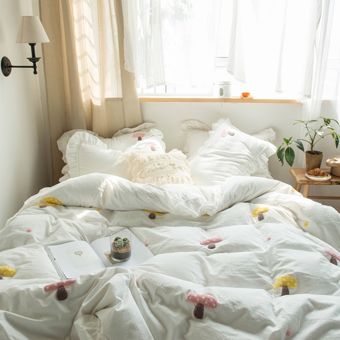 91家纺网 家纺一手货源 找家纺 淑女公社 2020新款毛巾绣四件套 小蘑菇纯白