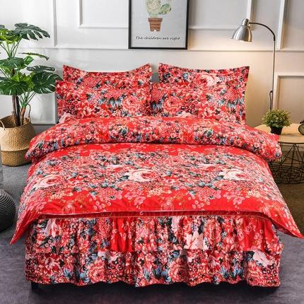 91家纺网 家纺一手货源 找家纺 梦柏 2020新款加厚磨毛四件套小版床裙款夏花红屿