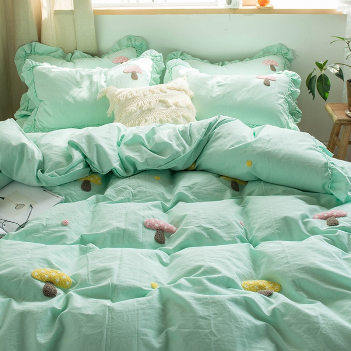 91家纺网 家纺一手货源 找家纺 淑女公社 2020新款毛巾绣四件套 小蘑菇-嫩绿