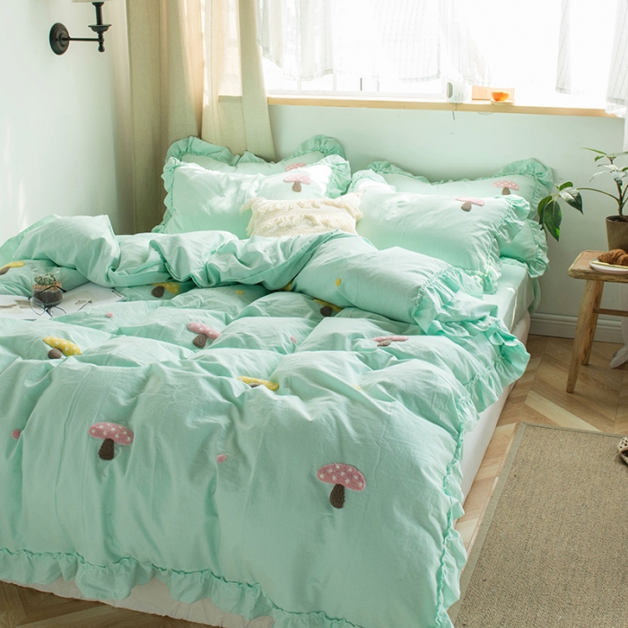 91家纺网 家纺一手货源 找家纺 淑女公社 2020新款毛巾绣四件套 小蘑菇-嫩绿