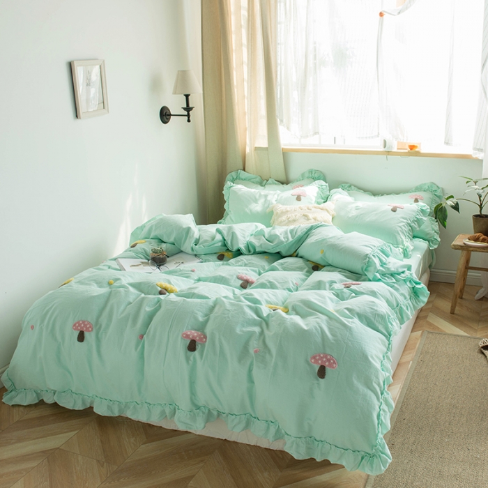 91家纺网 家纺一手货源 找家纺 淑女公社 2020新款毛巾绣四件套 小蘑菇-嫩绿